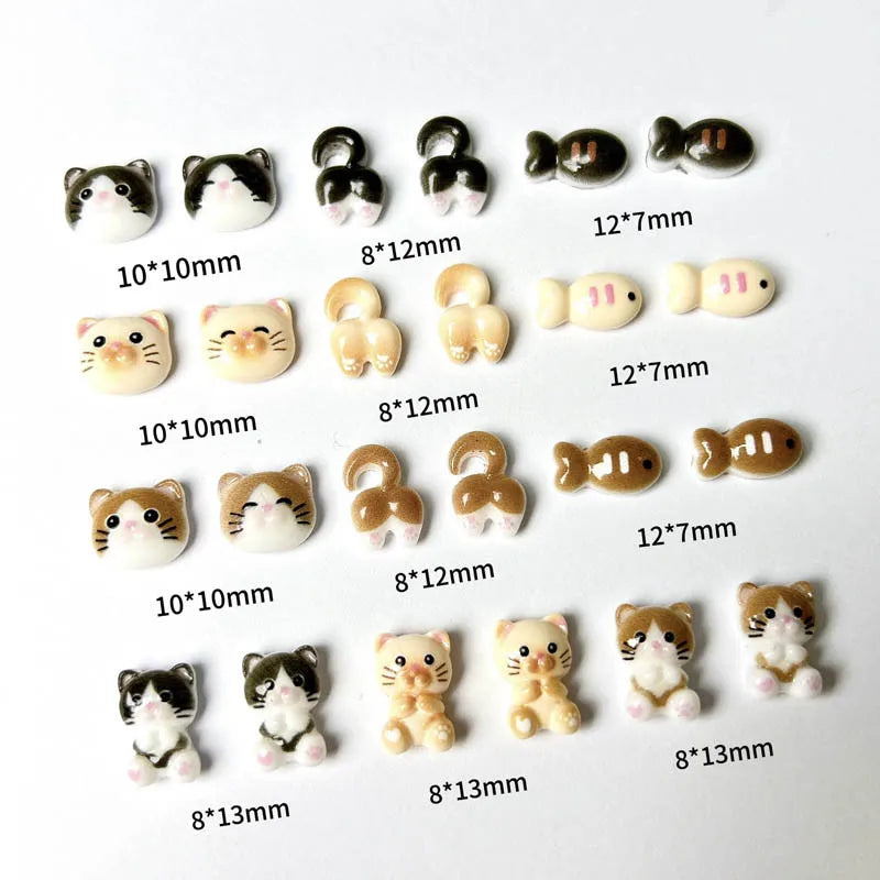20Pcs Cartoon Cute Cat Head Butt Nail Art Charms Luminous Painting Small Fish Cat Resin Nail Decorations for DIY Hairpin Nails