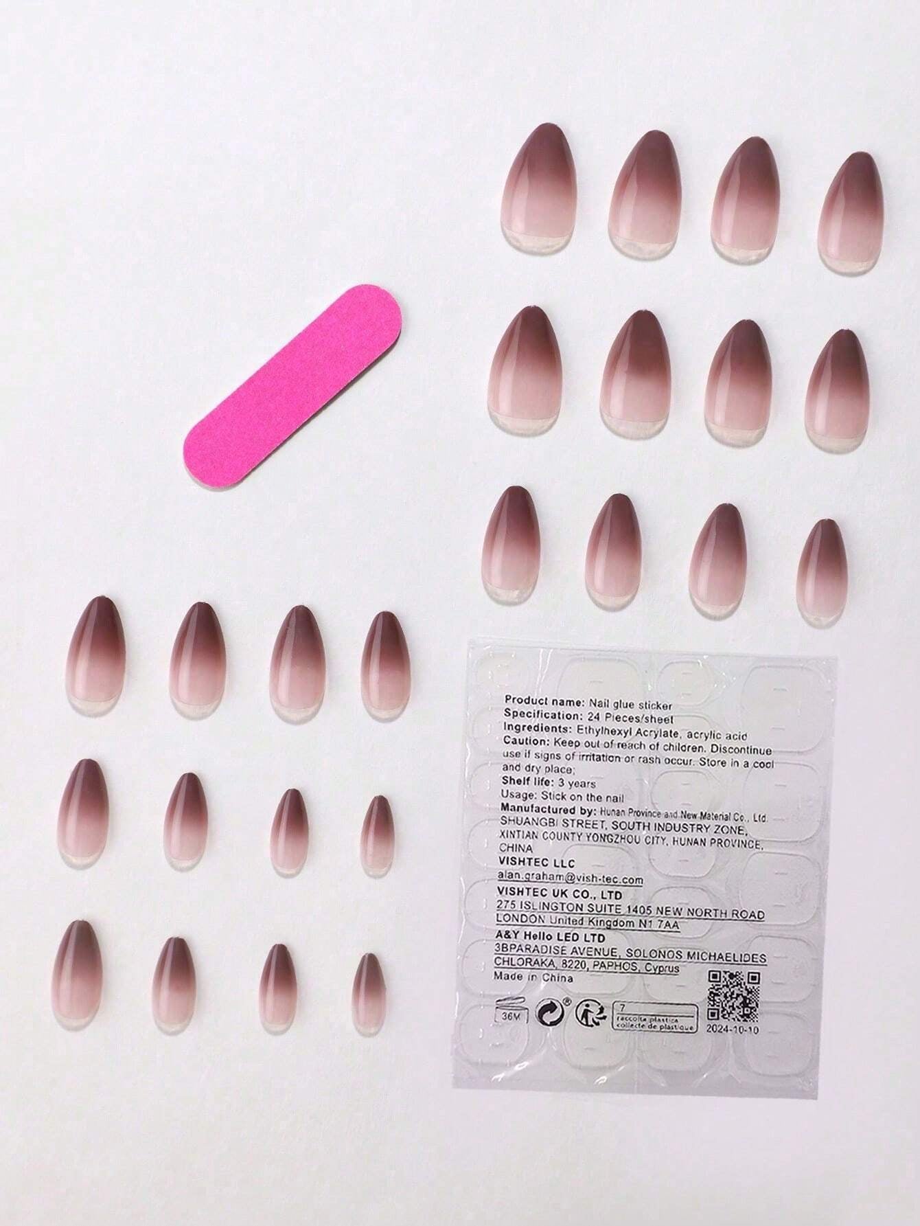 24 Pieces of Short Brown Almond-Shaped Press-On Nails, Gradient Smudged False Nails, with 1 Rubbing Strip and 1 Piece of Jelly Glue