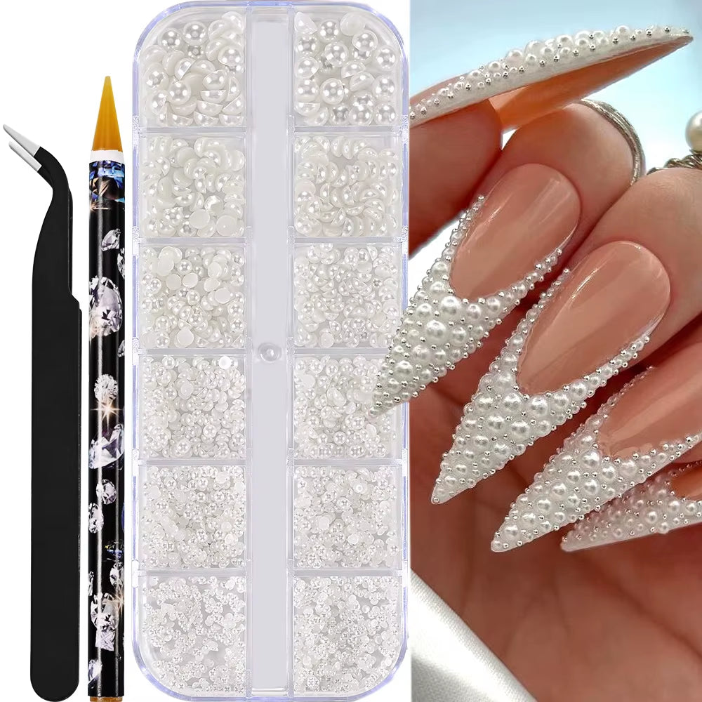 12Grids Half round Pearls Beads 3D Nail Charms 1.5/2/2.5/3/4/5Mm White Flatback Pearls Nail Jewelry Nail Craft Pearl Rhinestones