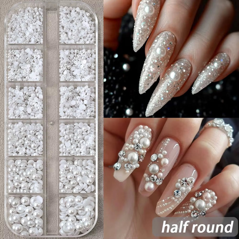 12Grids Half round Pearls Beads 3D Nail Charms 1.5/2/2.5/3/4/5Mm White Flatback Pearls Nail Jewelry Nail Craft Pearl Rhinestones