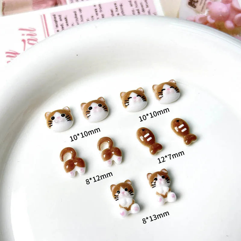 20Pcs Cartoon Cute Cat Head Butt Nail Art Charms Luminous Painting Small Fish Cat Resin Nail Decorations for DIY Hairpin Nails