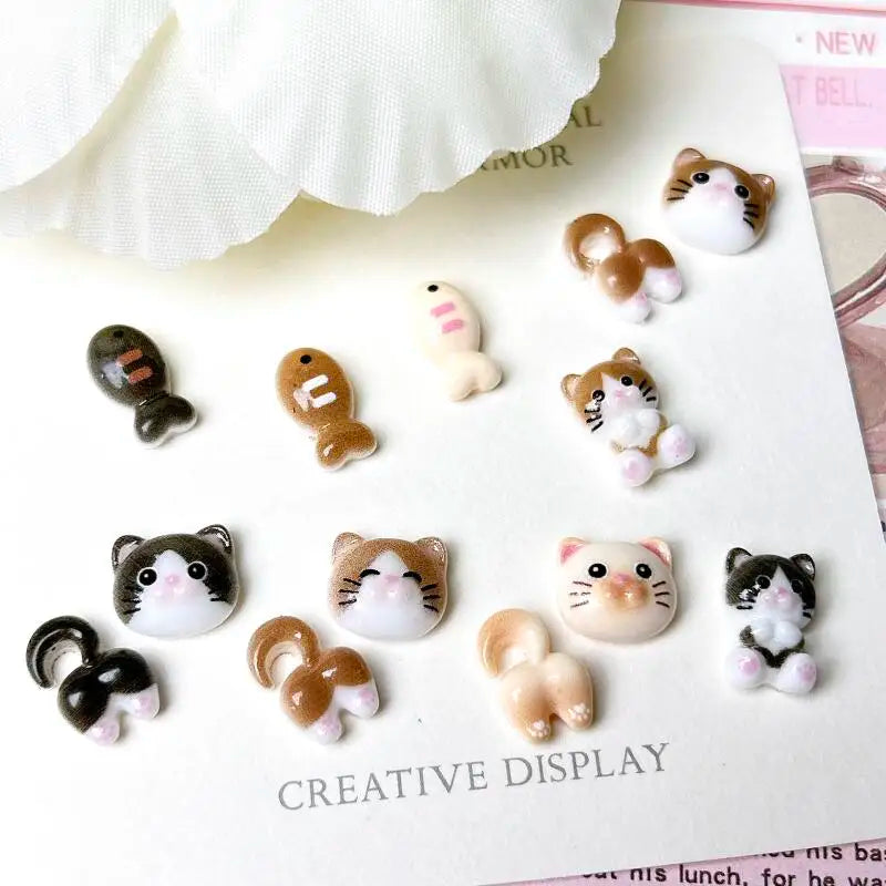 20Pcs Cartoon Cute Cat Head Butt Nail Art Charms Luminous Painting Small Fish Cat Resin Nail Decorations for DIY Hairpin Nails