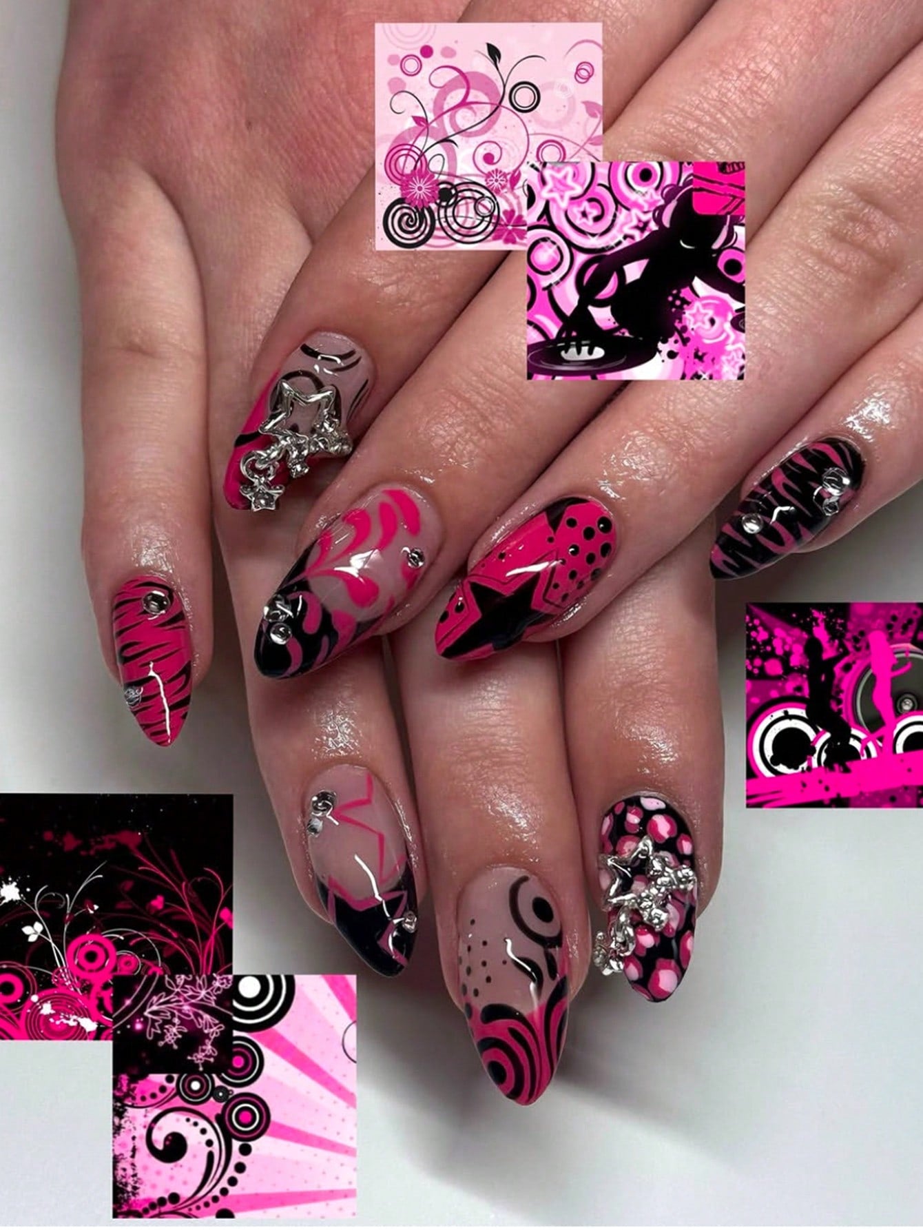 24 Pcs of Medium-Length Almond-Shaped Press on Nails Gift Box Retro Memories Girl Group Style Y2K Black Star Hot Girl Dragon Fruit Color Sexy Rose Red Black Smudge Leopard Print 3D Three-Dimensional Metal Five-Pointed Star Polka Dot Flash Diamond Party Portable False Nails