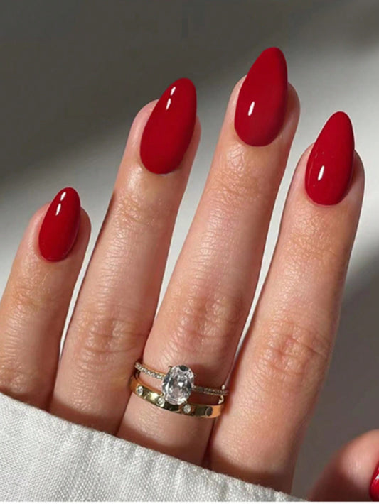 30Pcs/Set Almond Shaped Solid Dark Red Minimalist Vintage Style False Nails, Suitable for Daily Wear Press on Nails