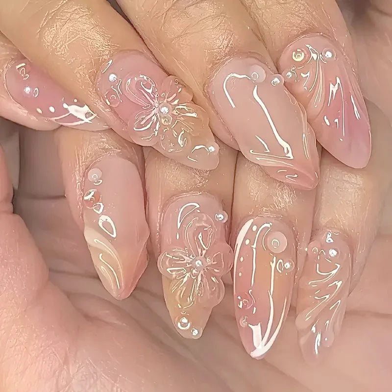 24Pcs Tropical Flower Press on Nails Colorful French 3D Crystal Butterfly Shells Pattern Printed False Nails Almond Fake Nail