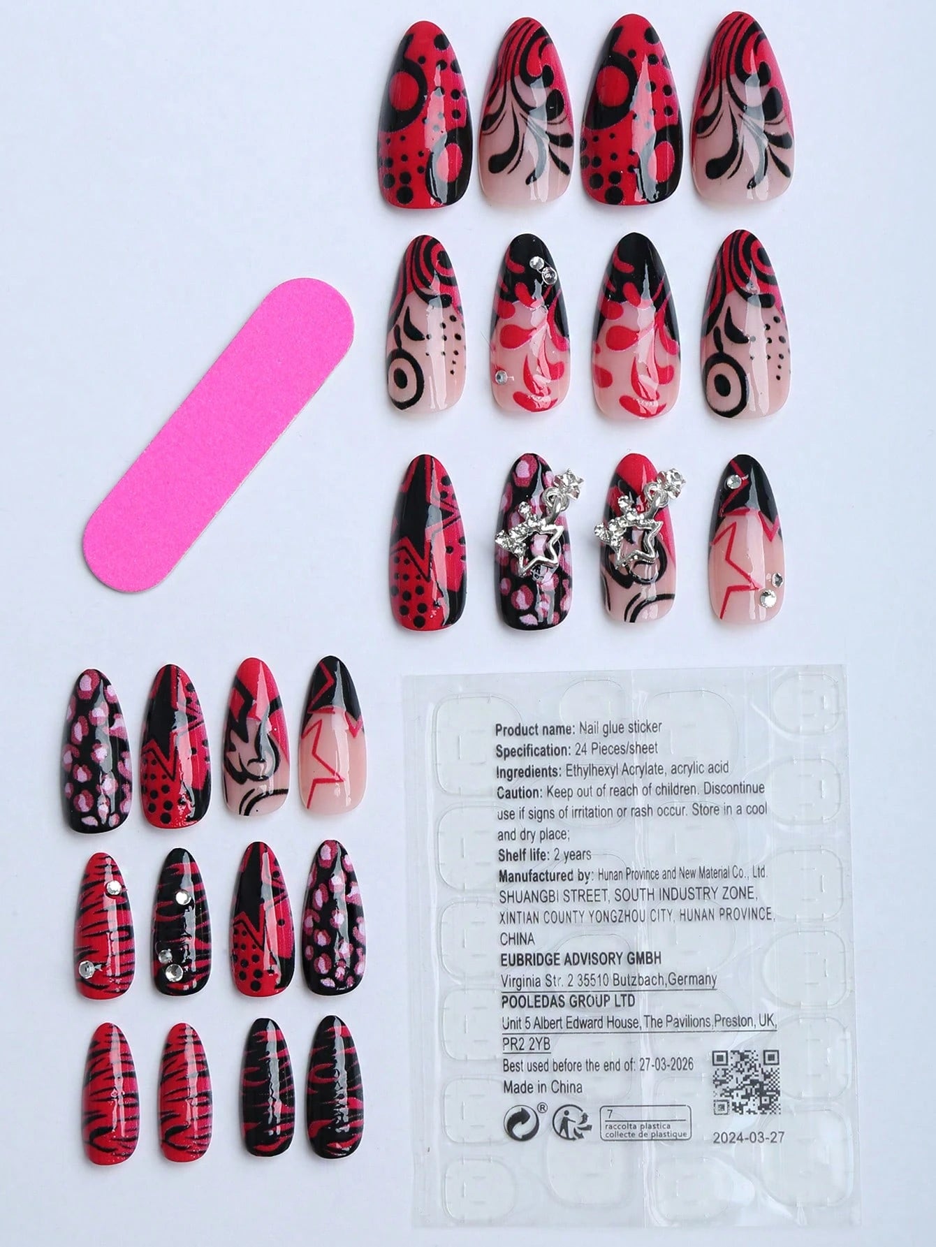 24 Pcs of Medium-Length Almond-Shaped Press on Nails Gift Box Retro Memories Girl Group Style Y2K Black Star Hot Girl Dragon Fruit Color Sexy Rose Red Black Smudge Leopard Print 3D Three-Dimensional Metal Five-Pointed Star Polka Dot Flash Diamond Party Portable False Nails