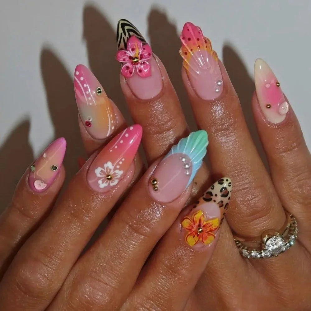 24Pcs Tropical Flower Press on Nails Colorful French 3D Crystal Butterfly Shells Pattern Printed False Nails Almond Fake Nail