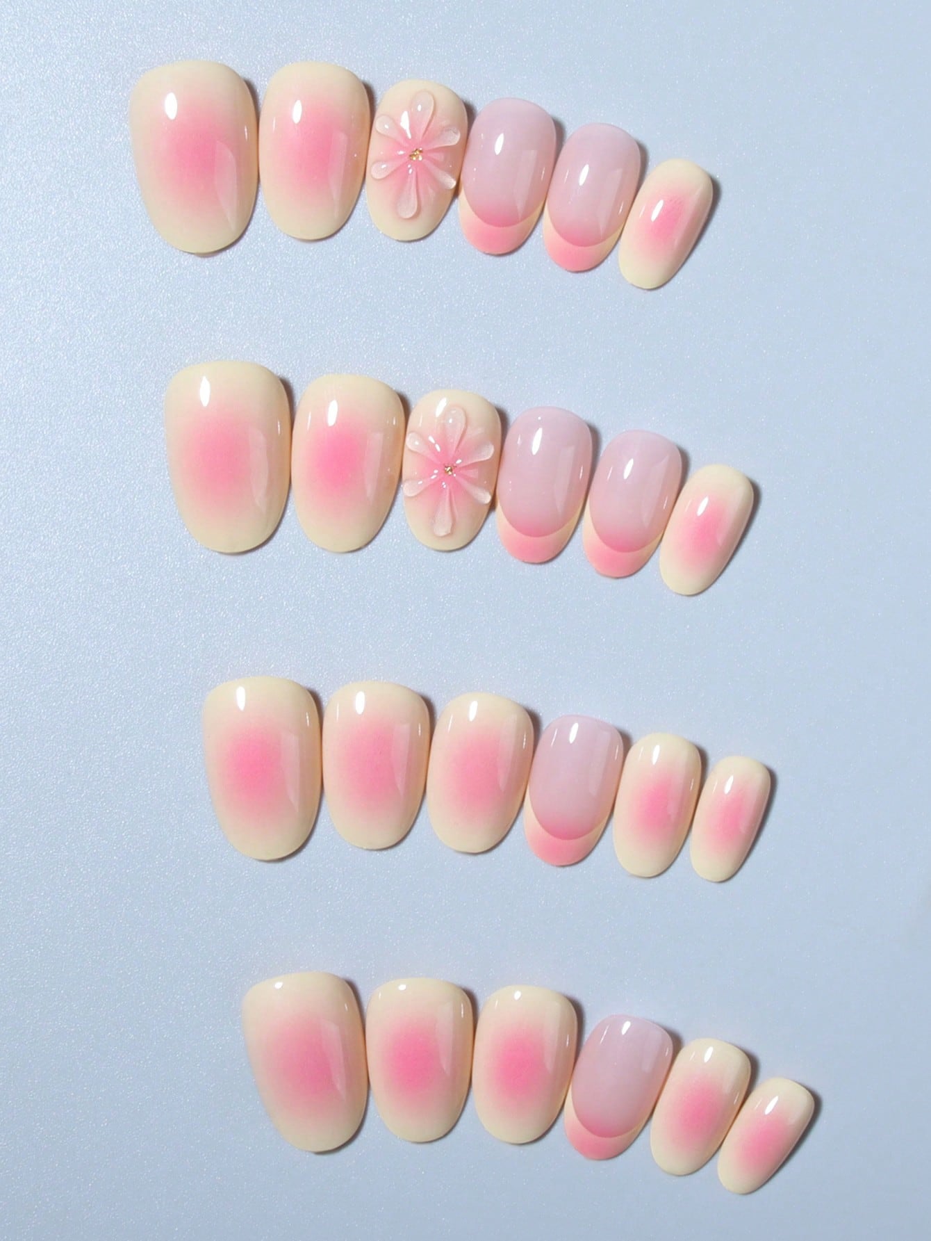24Pcs Short Oval 3D Gelnail Makes Flower Nails Design French Acrylic Press on Nails Short Perfect Fit Fake Nail Set,Include: 1Pc Jelly Glue and 1Pc Nail File,Easy to Wear Summer Nails & French Tip Press on Nails Art for Women and Girls Daily Life Rave Party Use