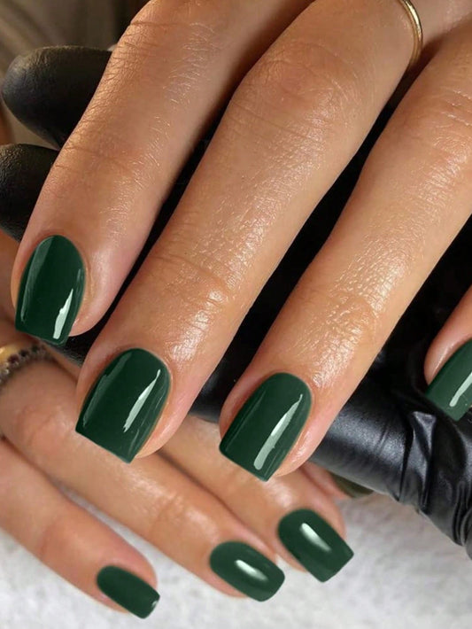 Dark Green Nail Machine Short Square Natural Short Gel Nail Glue Fall Color 2025 Fashion Acrylic Nail Machine Features Protective Coating Thick Reusable Fake Nails 24 Short Coffin Nails