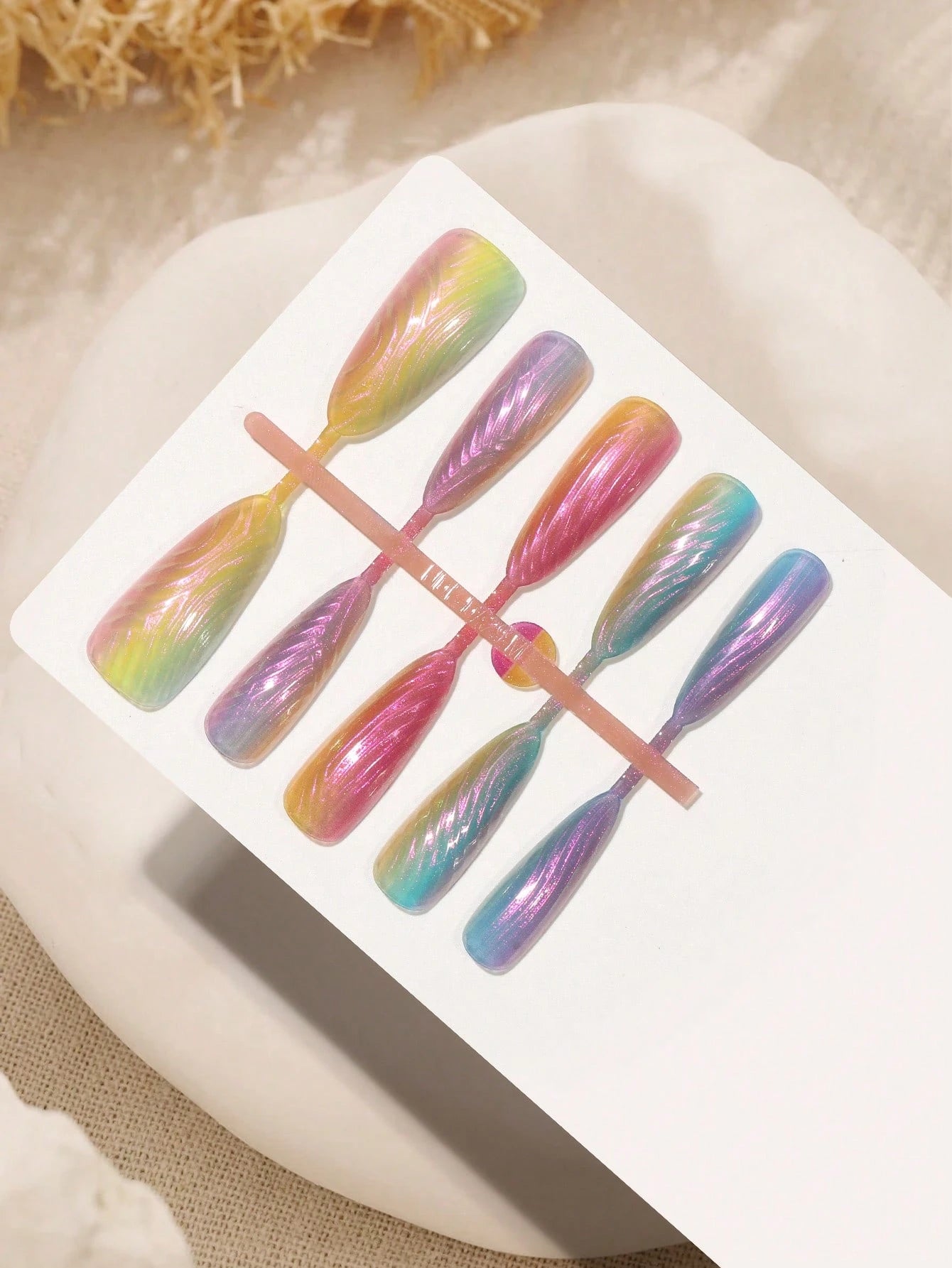 30Pcs Pure Handmade Almond Shaped Nail Patches, Medium-Long Ballet Shell Rainbow Iridescent Nail Art Stickers, Designed for Traveling and Party Women