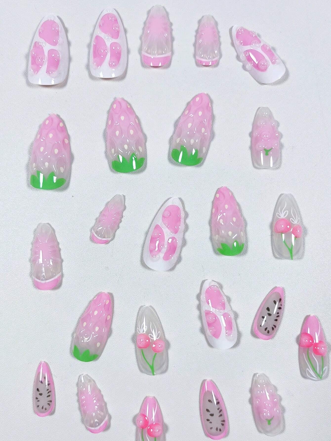 24Pcs Minimalistic Floral Almond Shaped Medium Length French Fake Nails, 3D Elegant Simple Style, Suitable for Office Ladies, Dates, Afternoon Tea, Outdoor Wear