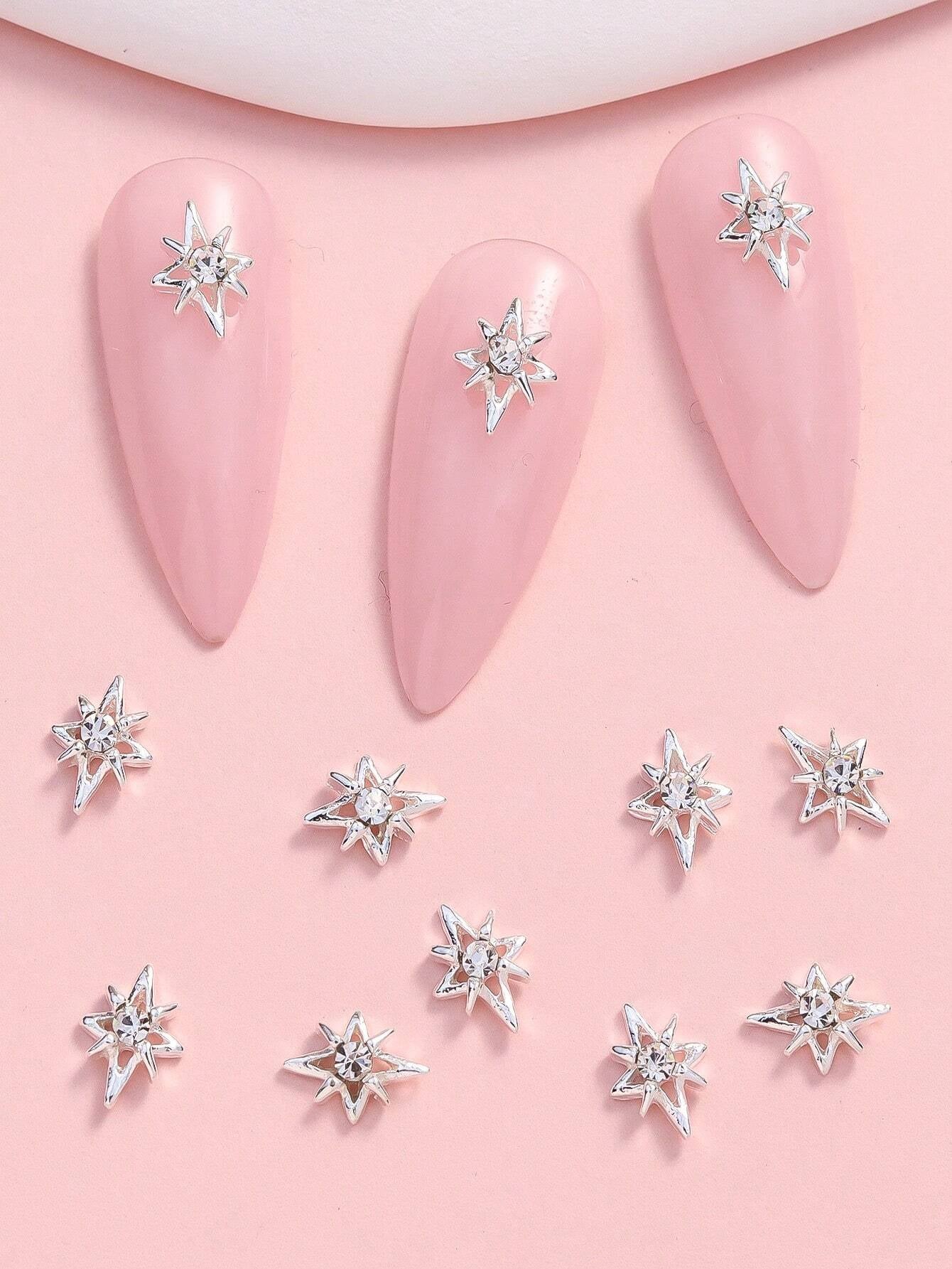 10Pcs Miniature Silver Color Rhinestone Star Shaped Diy Nail Art Decoration Nail Charms Nail Gems Nail Supplies