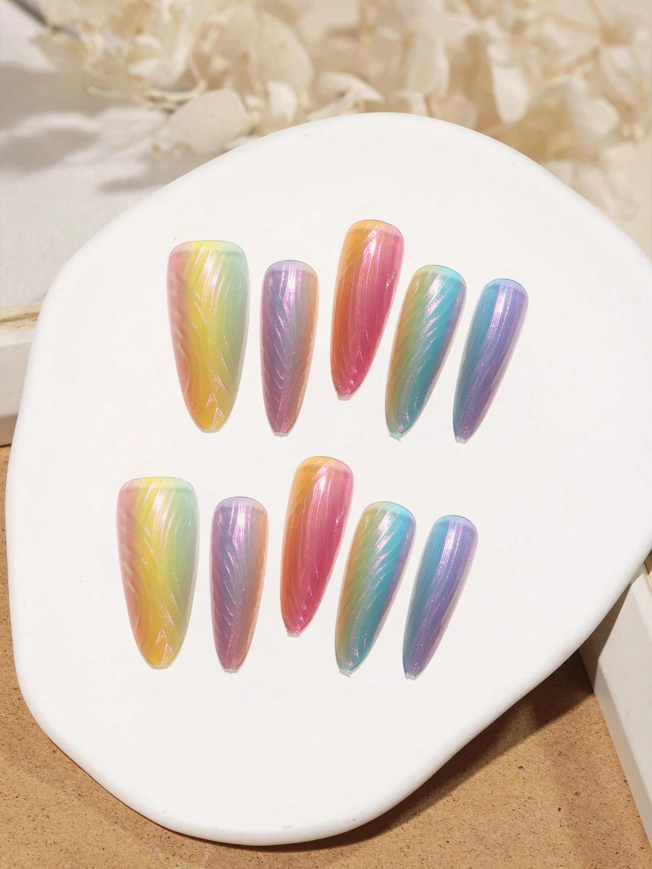 30Pcs Pure Handmade Almond Shaped Nail Patches, Medium-Long Ballet Shell Rainbow Iridescent Nail Art Stickers, Designed for Traveling and Party Women