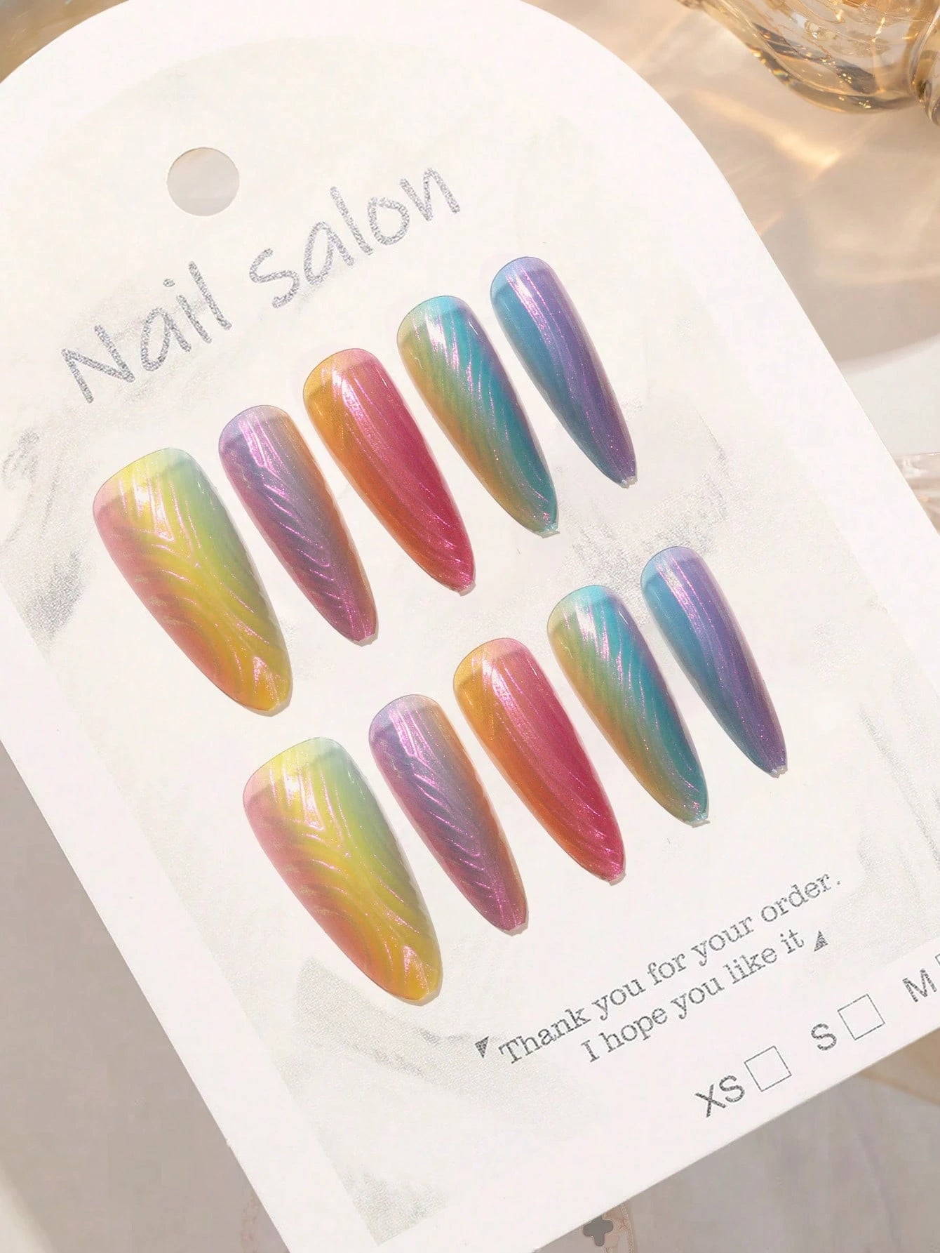 30Pcs Pure Handmade Almond Shaped Nail Patches, Medium-Long Ballet Shell Rainbow Iridescent Nail Art Stickers, Designed for Traveling and Party Women