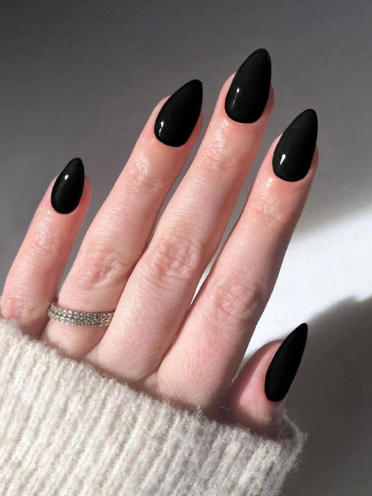 30Pcs Almond Shaped Simple & Vintage Black Solid Color Fake Nail Set, Suitable for Women'S Daily Wear and Upscale Dressing Press on Nails