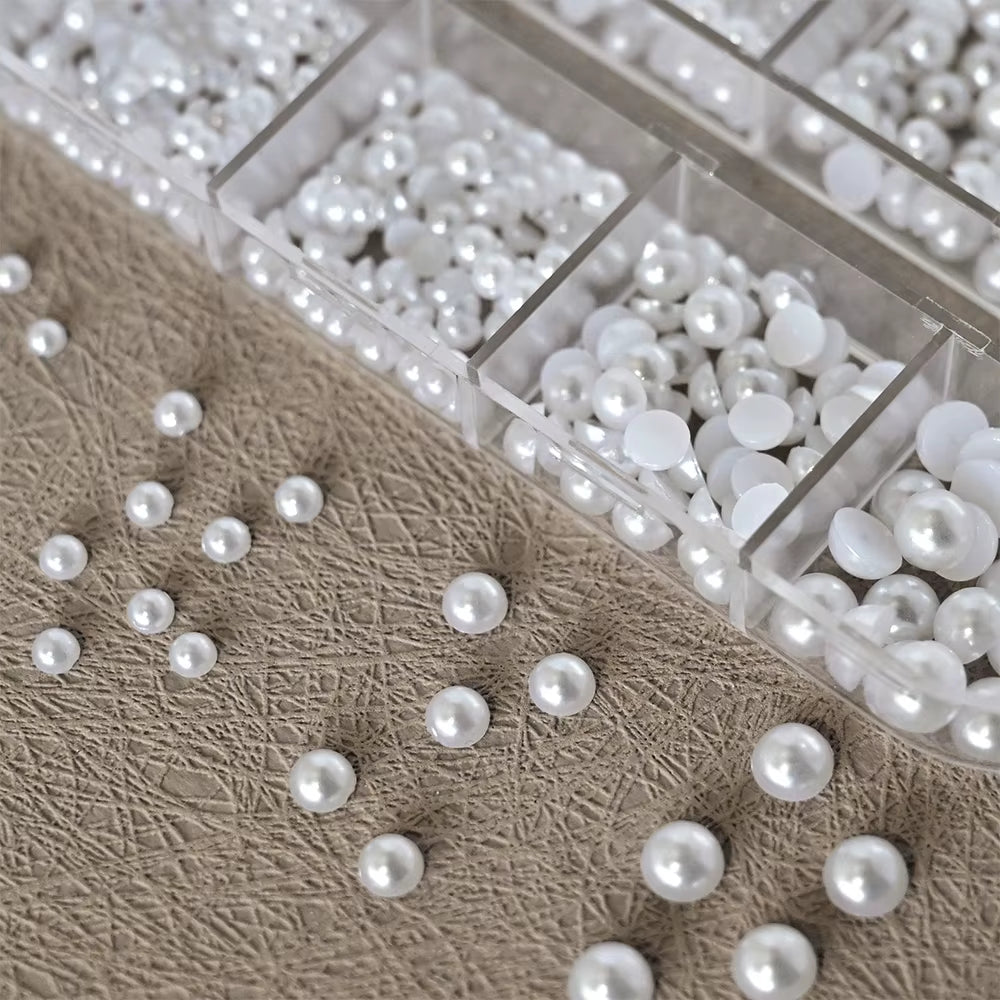 12Grids Half round Pearls Beads 3D Nail Charms 1.5/2/2.5/3/4/5Mm White Flatback Pearls Nail Jewelry Nail Craft Pearl Rhinestones
