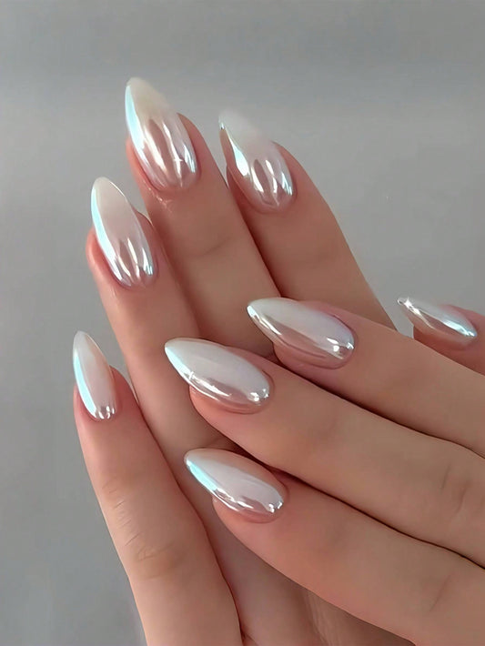 Instantly Upgrade Your Look with 24Pcs Vintage Street Business Simple Casual Elegant Daily Minimalist Nordic Style Classic Pure White Aurora Medium Almond Press on Nails Fake Nail Kit,Suitable for Girls and Women Who like Minimalism to Use in Daily Life and Shopping