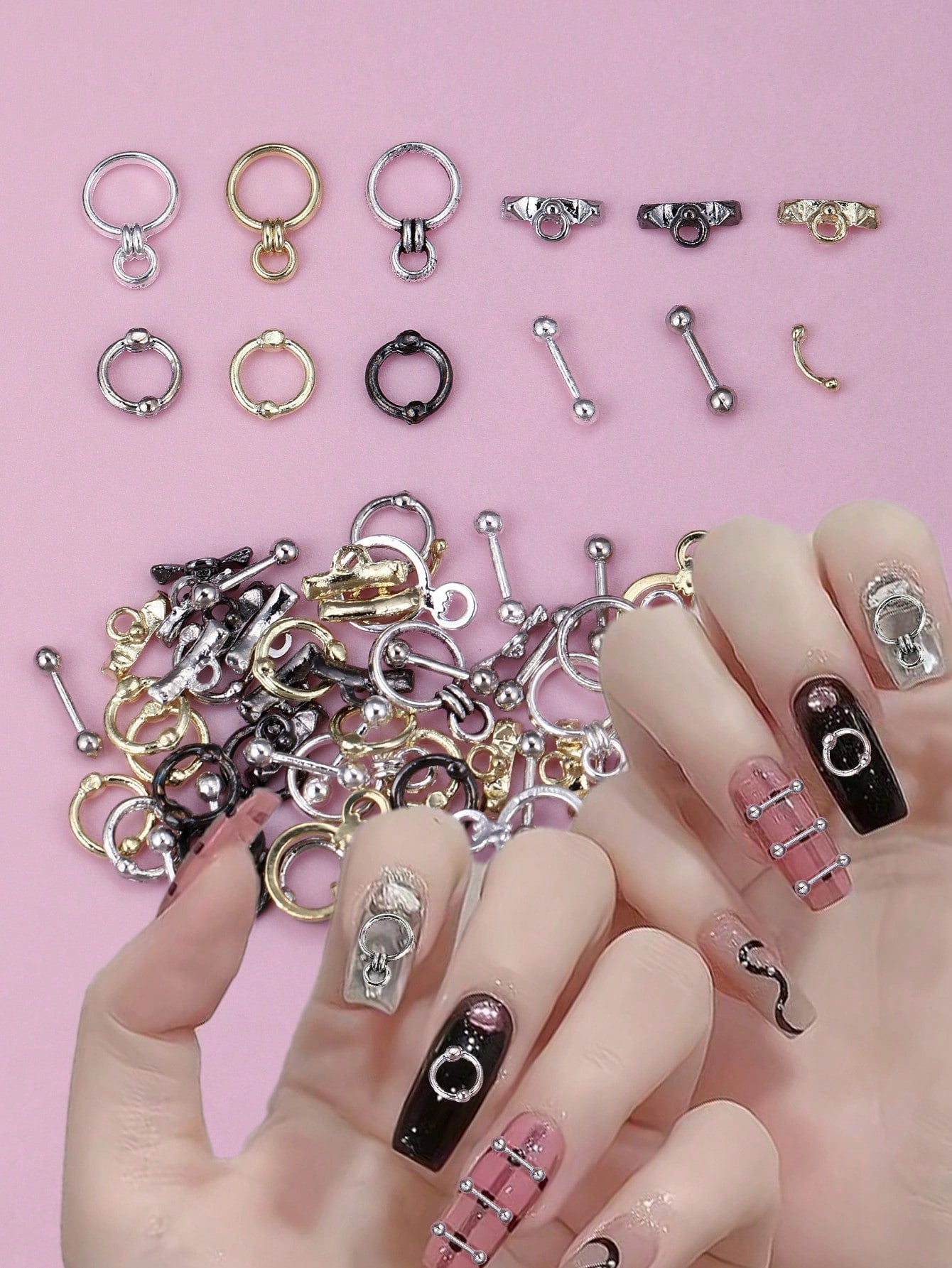 50/100/200 Piece Summer Mixed Minimalist Circle Hoop Nail Charms Silver Gold DIY Nail Art Designs Nail Art Supplies Nail Gems Silver Nail Charms Nail Decorations Accessories