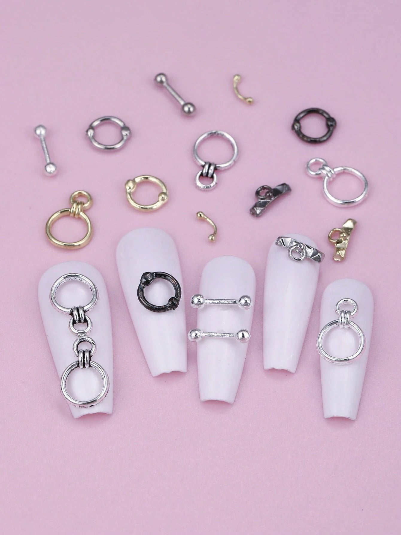50/100/200 Piece Summer Mixed Minimalist Circle Hoop Nail Charms Silver Gold DIY Nail Art Designs Nail Art Supplies Nail Gems Silver Nail Charms Nail Decorations Accessories