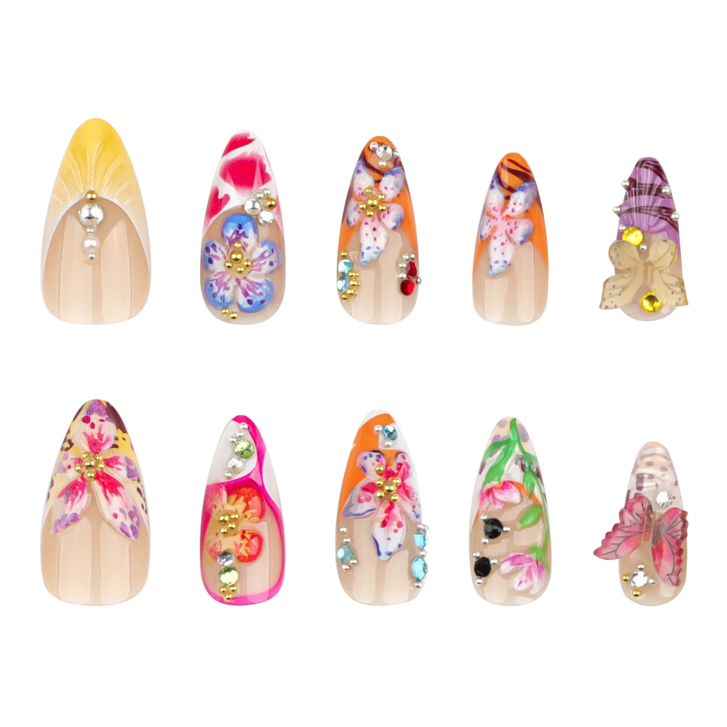 24Pcs Tropical Flower Press on Nails Colorful French 3D Crystal Butterfly Shells Pattern Printed False Nails Almond Fake Nail