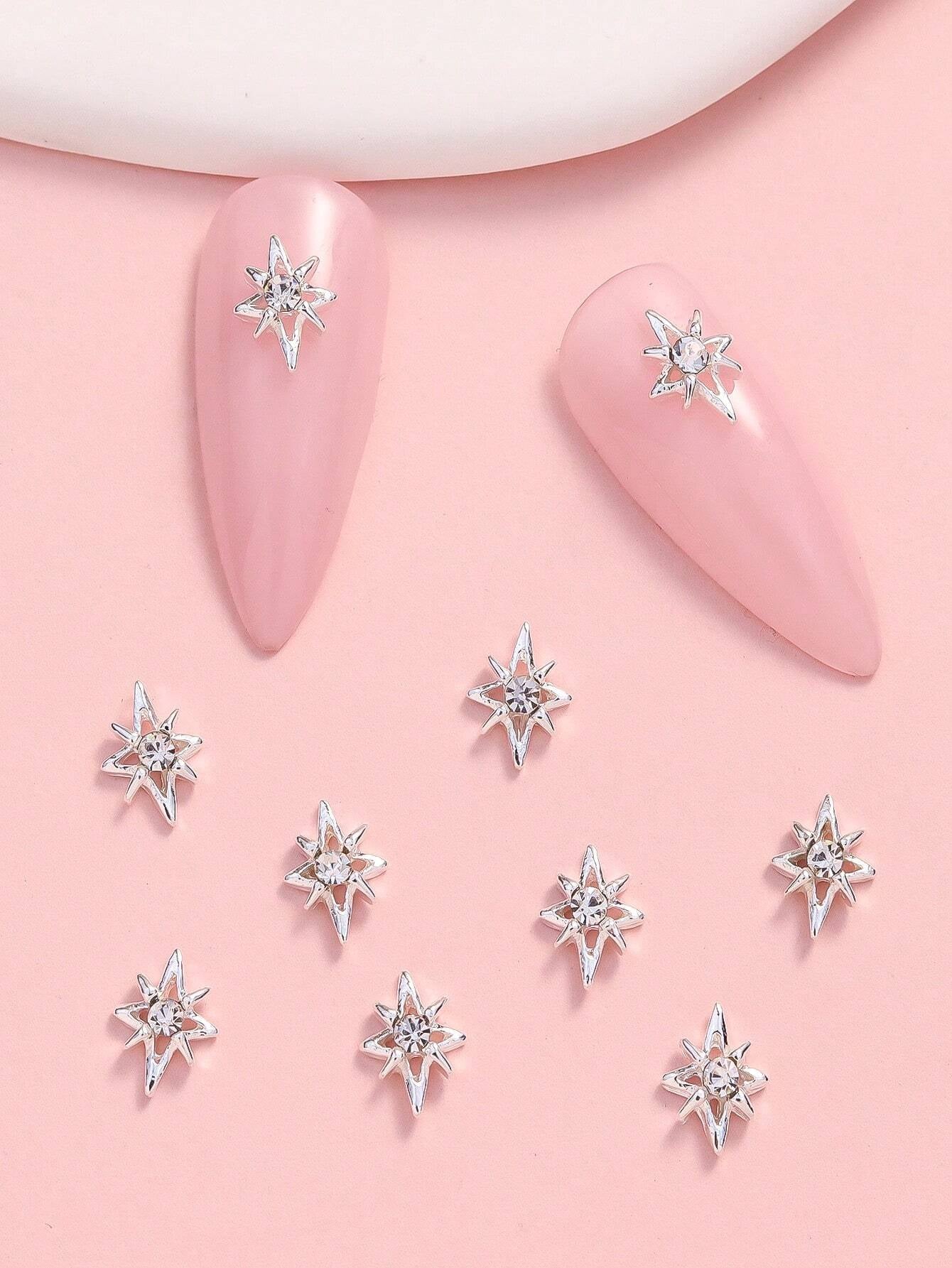 10Pcs Miniature Silver Color Rhinestone Star Shaped Diy Nail Art Decoration Nail Charms Nail Gems Nail Supplies
