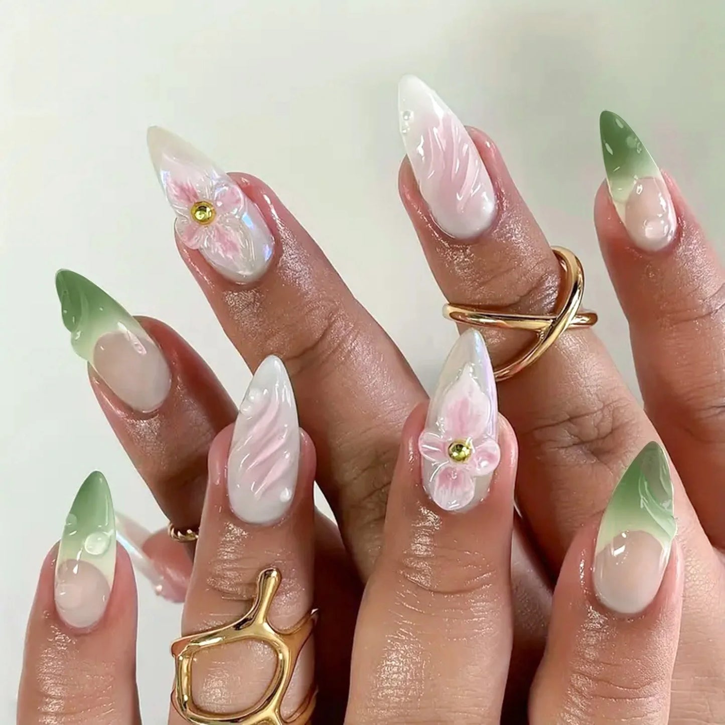 24Pcs Tropical Flower Press on Nails Colorful French 3D Crystal Butterfly Shells Pattern Printed False Nails Almond Fake Nail