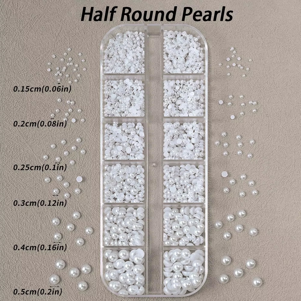 12Grids Half round Pearls Beads 3D Nail Charms 1.5/2/2.5/3/4/5Mm White Flatback Pearls Nail Jewelry Nail Craft Pearl Rhinestones