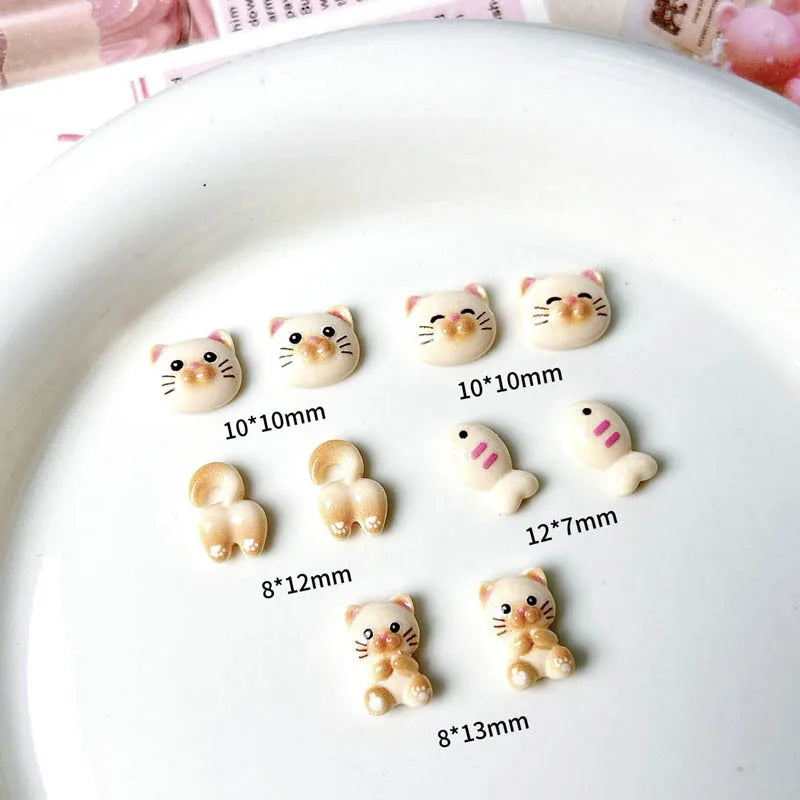 20Pcs Cartoon Cute Cat Head Butt Nail Art Charms Luminous Painting Small Fish Cat Resin Nail Decorations for DIY Hairpin Nails
