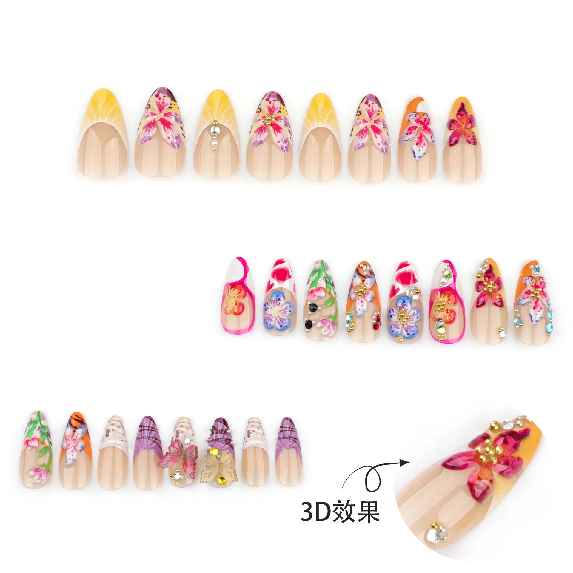 24Pcs Tropical Flower Press on Nails Colorful French 3D Crystal Butterfly Shells Pattern Printed False Nails Almond Fake Nail