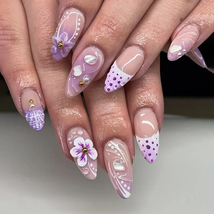 24Pcs Tropical Flower Press on Nails Colorful French 3D Crystal Butterfly Shells Pattern Printed False Nails Almond Fake Nail