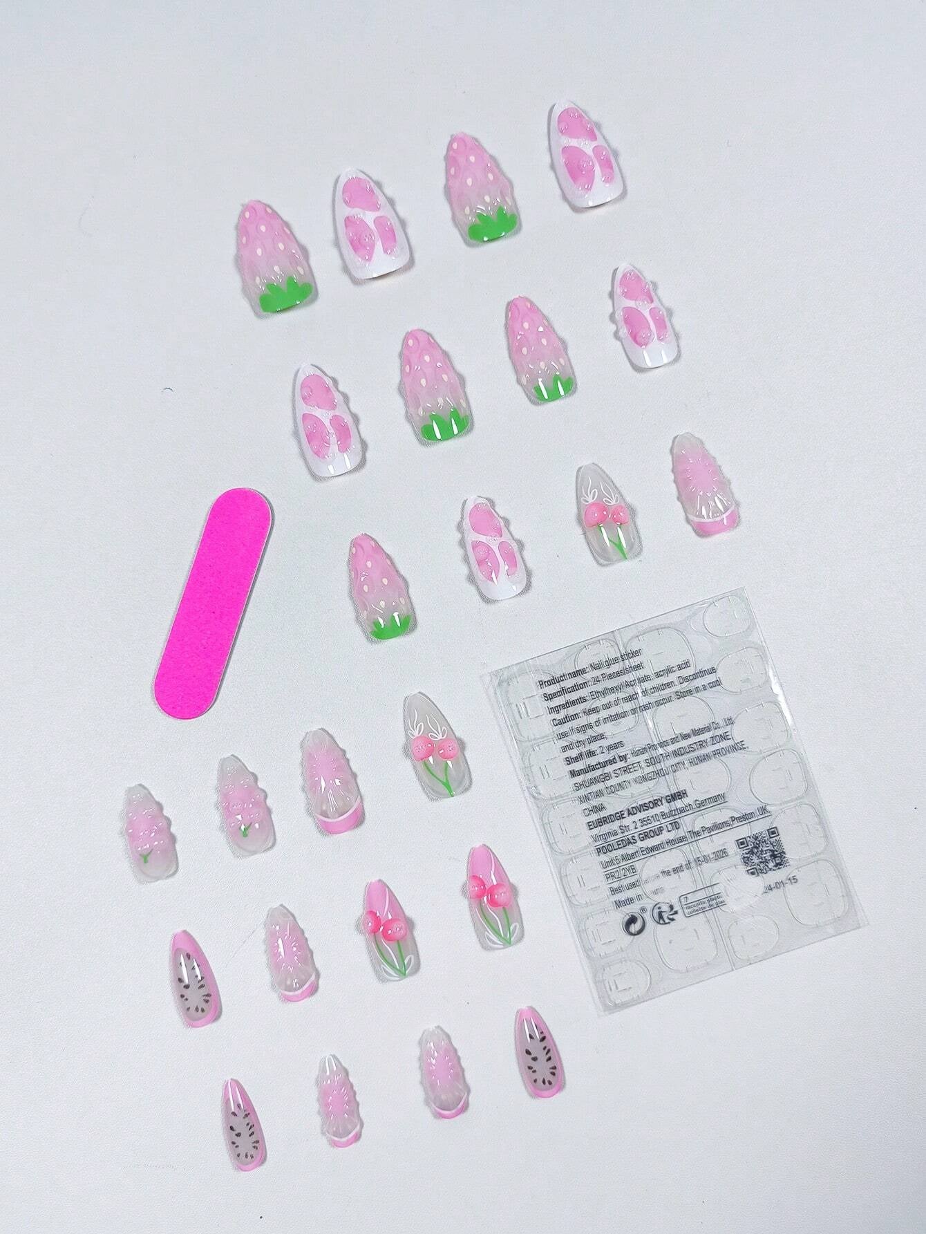 24Pcs Minimalistic Floral Almond Shaped Medium Length French Fake Nails, 3D Elegant Simple Style, Suitable for Office Ladies, Dates, Afternoon Tea, Outdoor Wear