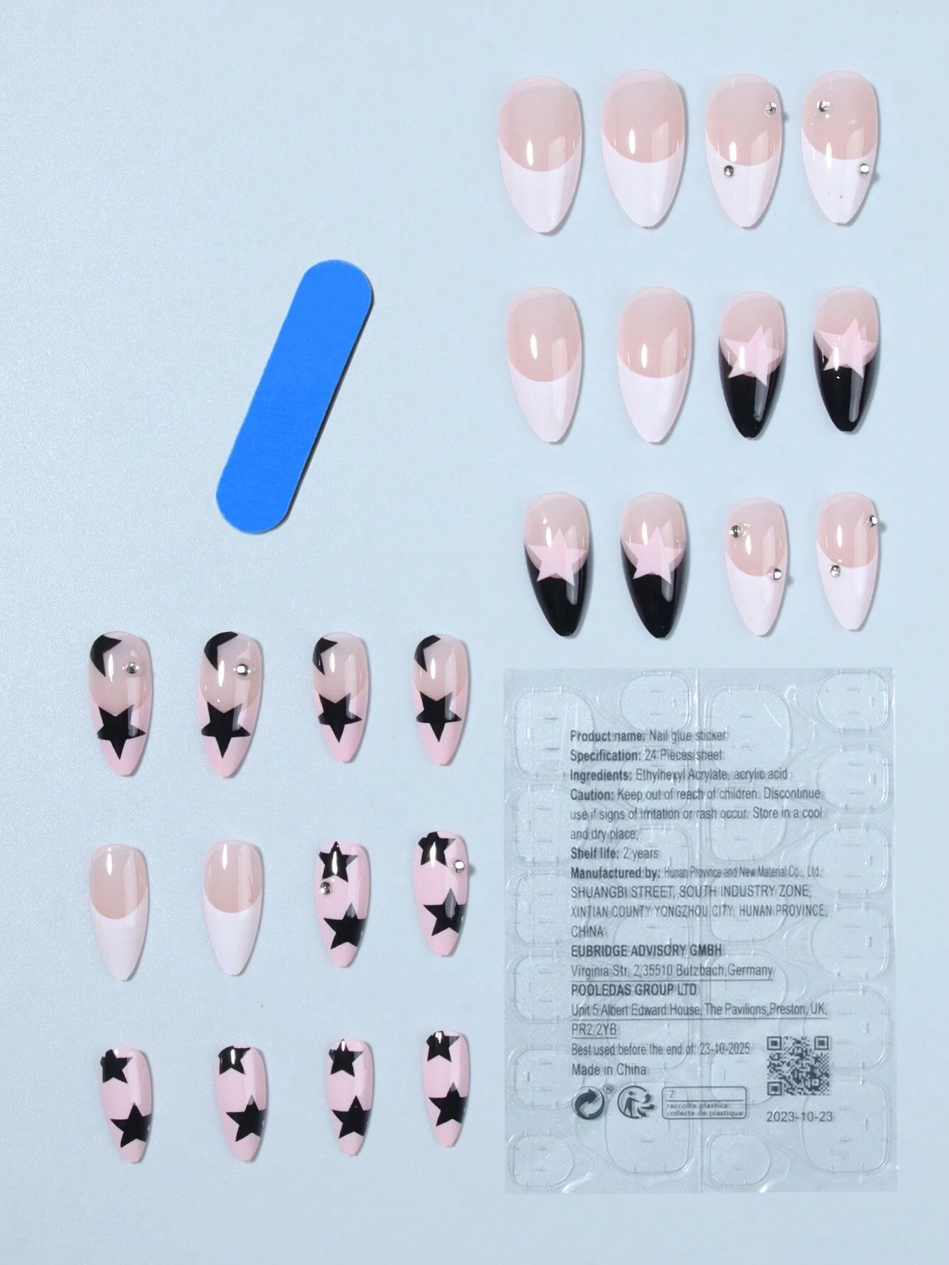 24Pcs/Set Y2K Medium Length Almond Press on Nails White French Tip Acrylic Nails Star with Rhinestones Design Fake Nail, Contain 1Pc Jelly Glue and 1Pc Nail File, Suitable for Women and Girls, Daily Life and Party Use Nail Supplies