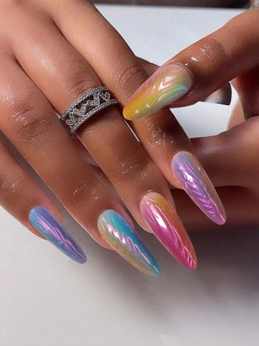 30Pcs Pure Handmade Almond Shaped Nail Patches, Medium-Long Ballet Shell Rainbow Iridescent Nail Art Stickers, Designed for Traveling and Party Women