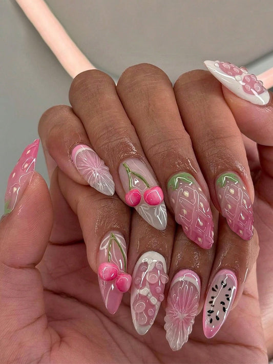24Pcs Minimalistic Floral Almond Shaped Medium Length French Fake Nails, 3D Elegant Simple Style, Suitable for Office Ladies, Dates, Afternoon Tea, Outdoor Wear