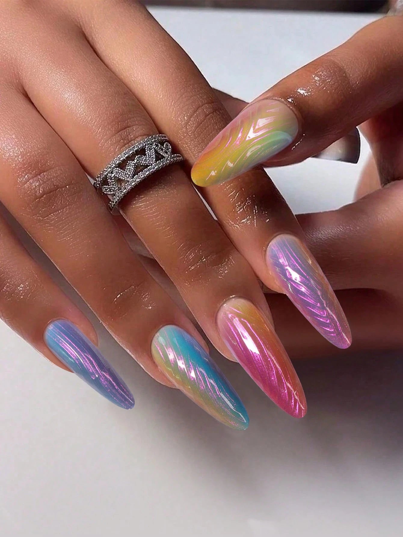 30Pcs Pure Handmade Almond Shaped Nail Patches, Medium-Long Ballet Shell Rainbow Iridescent Nail Art Stickers, Designed for Traveling and Party Women