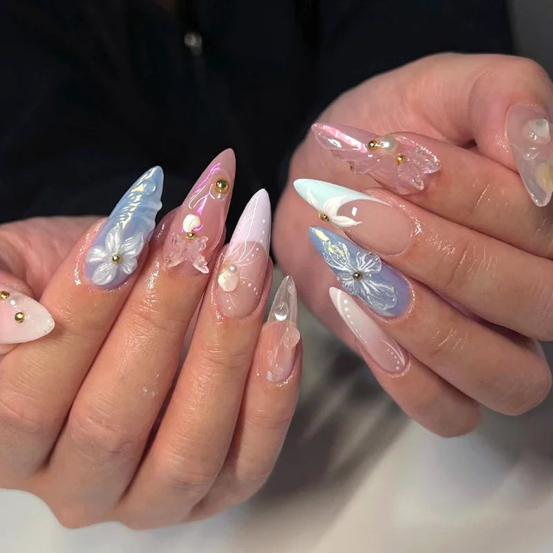 24Pcs Tropical Flower Press on Nails Colorful French 3D Crystal Butterfly Shells Pattern Printed False Nails Almond Fake Nail