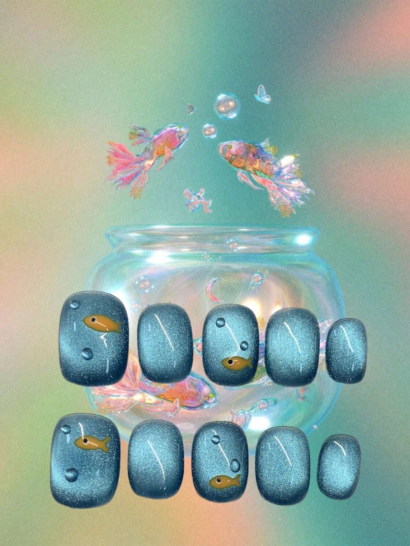 1 Pair / 10Pcs Cute Little Fish Bubble Summer Cool Feeling Nail Art, Short-Wearing Nail, Blue Glass Bead with Cat'S Eye, Lovely Fish on Fingertips, Mysterious and Dreamy Blue of the Sea, Wearing It Will Bring Happiness, Reusable Handmade Nail Art Treatment. Press on Nails