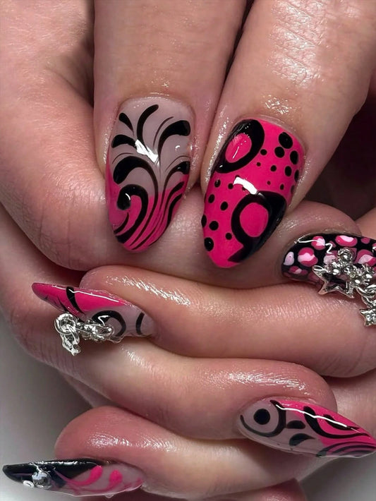 24 Pcs of Medium-Length Almond-Shaped Press on Nails Gift Box Retro Memories Girl Group Style Y2K Black Star Hot Girl Dragon Fruit Color Sexy Rose Red Black Smudge Leopard Print 3D Three-Dimensional Metal Five-Pointed Star Polka Dot Flash Diamond Party Portable False Nails