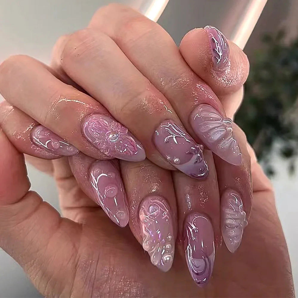 24Pcs Tropical Flower Press on Nails Colorful French 3D Crystal Butterfly Shells Pattern Printed False Nails Almond Fake Nail